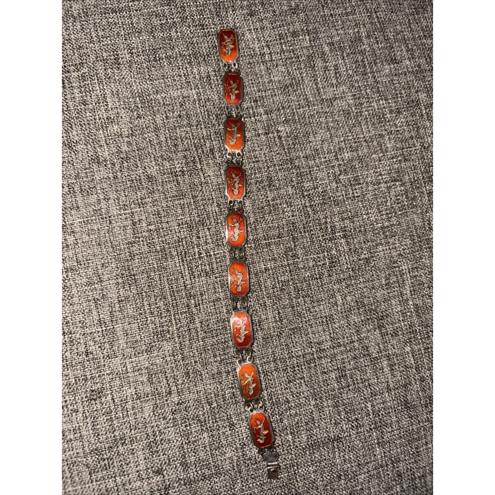 Vintage CSC Siam Sterling Silver Red Enamel Panel Link Bracelet 7"